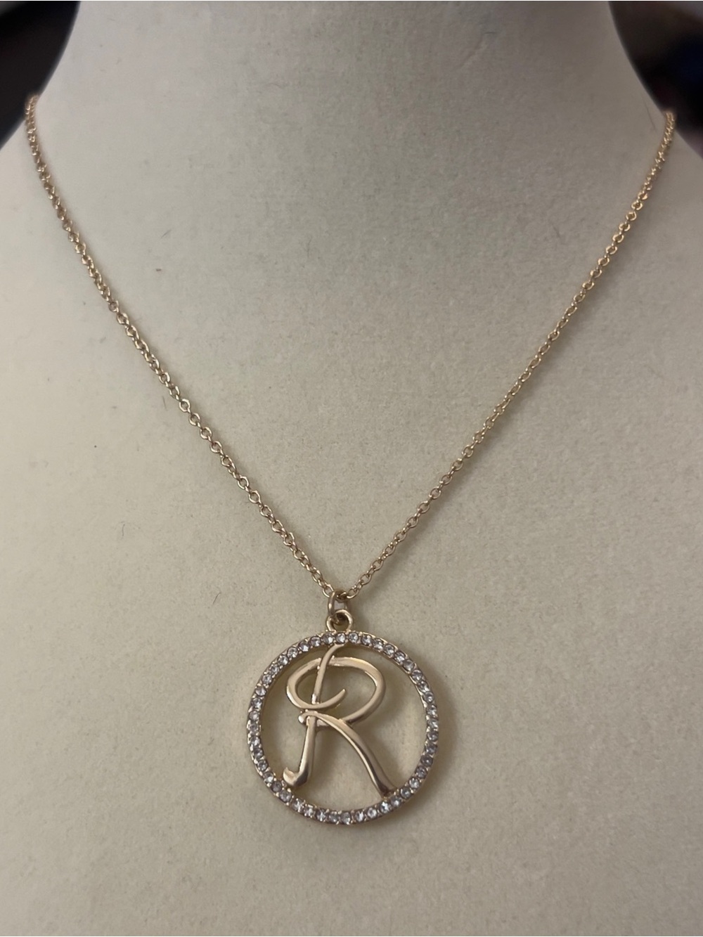 Gold Toned Monogram “R” Circle Pendant Necklace with Crystal Pave Halo